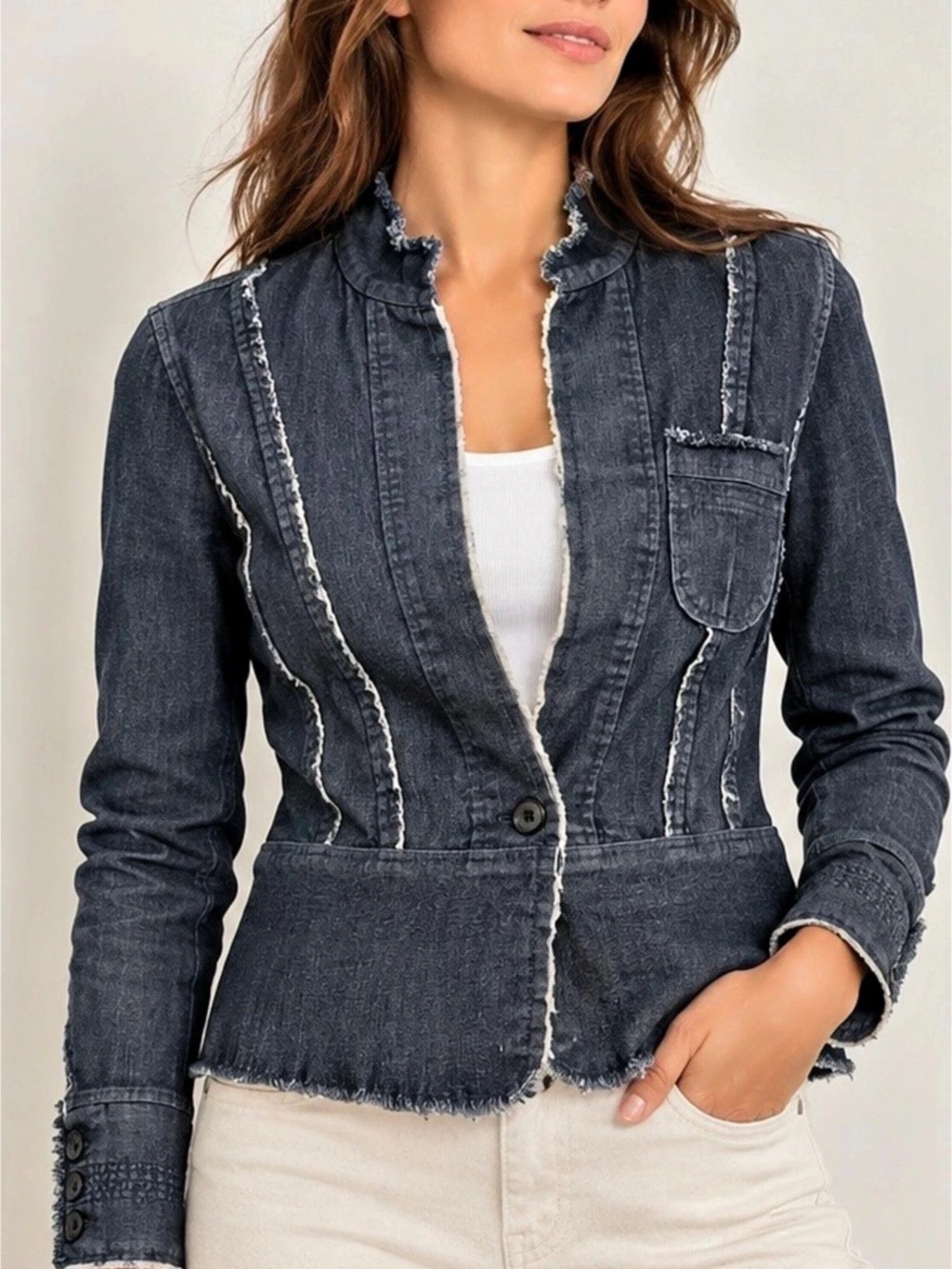 NIC+ZOE Our Favorite Denim Jacket Blazer Raw Edge Dark Wash S EUC